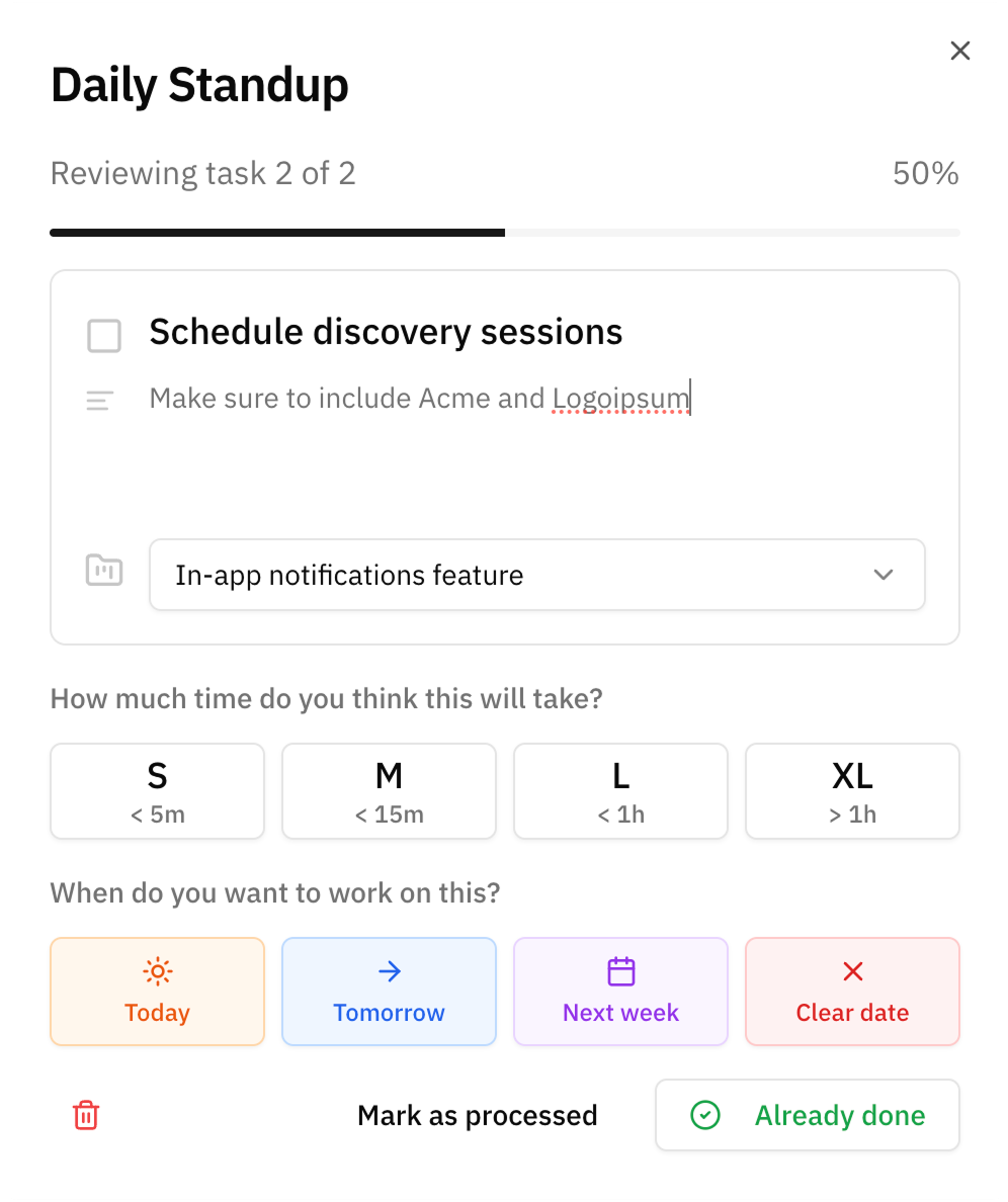 Daily standup interface showing task review